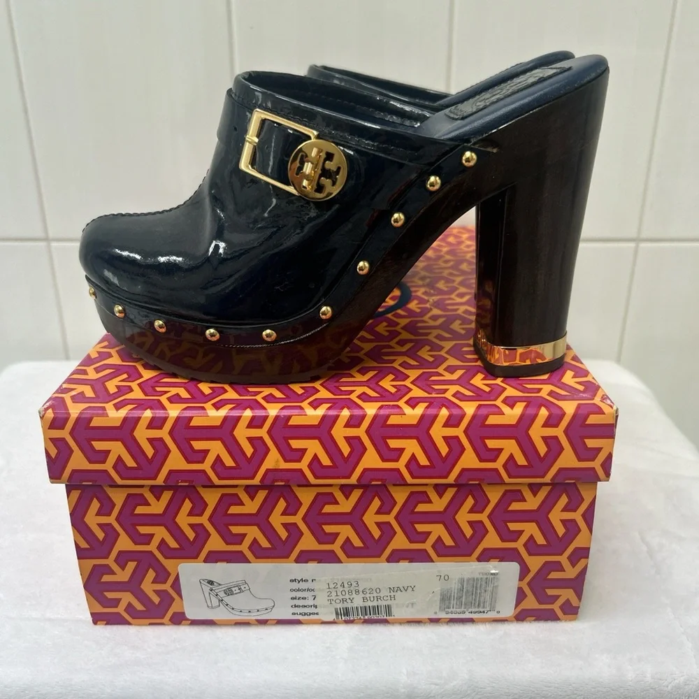 Tory Burch Navy Mules with Gold Details - Picture 2 of 7